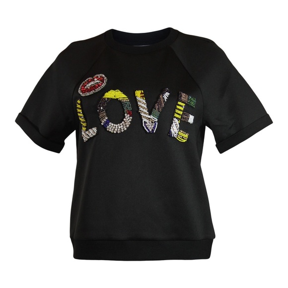 Grey Lab LOVE Beaded Short Sleeve Black Sweatshirt - Picture 1 of 6